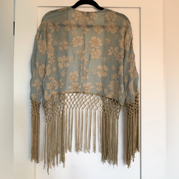 Fringed Shawl Light Blue with Gold Flowers - Picture 2 of 3